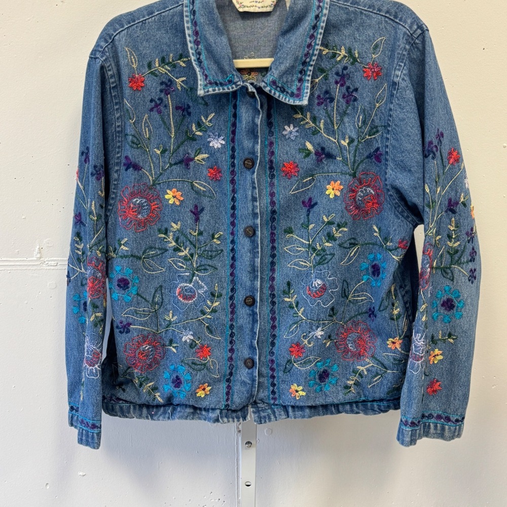Vintage Tantrums Floral Embroidered Denim Jacket Medium Boho Cottagecore - Picture 5 of 9